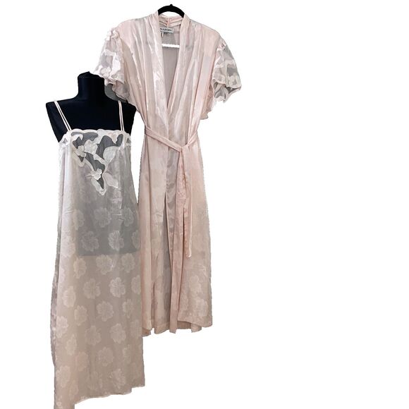 Vintage Natori Peignor Set Nightgown M robe L w belt flutter sleeves * - Picture 1 of 14